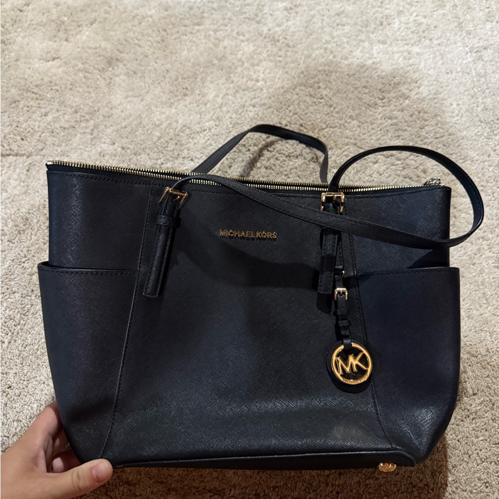 Michael Kors Black Leather Tote with Gold Accents